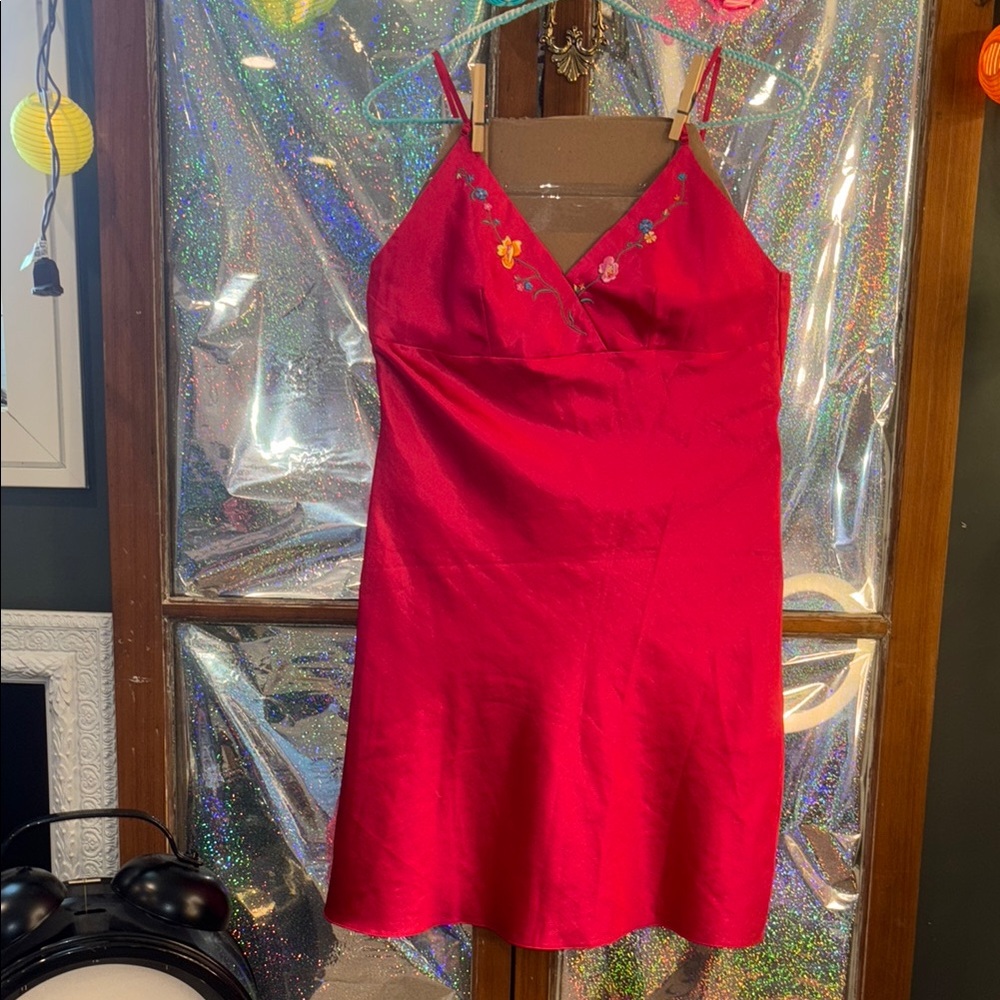 Red Satin Chemise with Lace Detailing